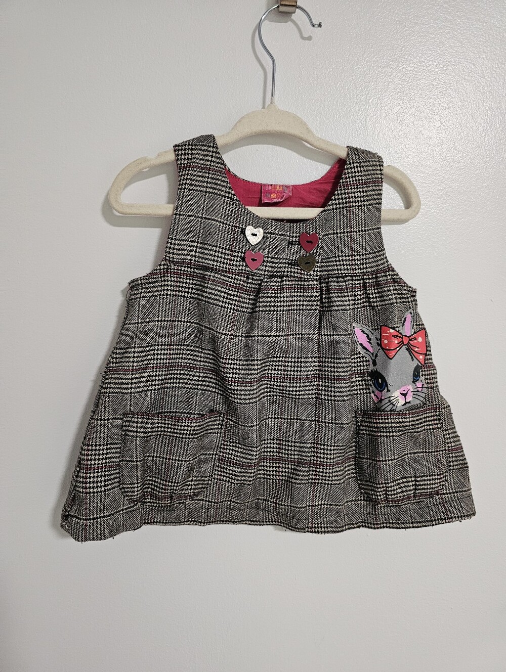 🧸2/20$ Vintage 3M Baby Plaid Sleeveless Dress Bunny Pocket